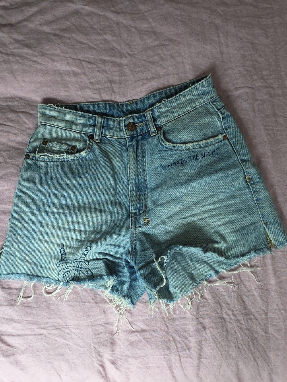 Ksubi Graffiti Light Blue Distressed High-Waist Denim Shorts